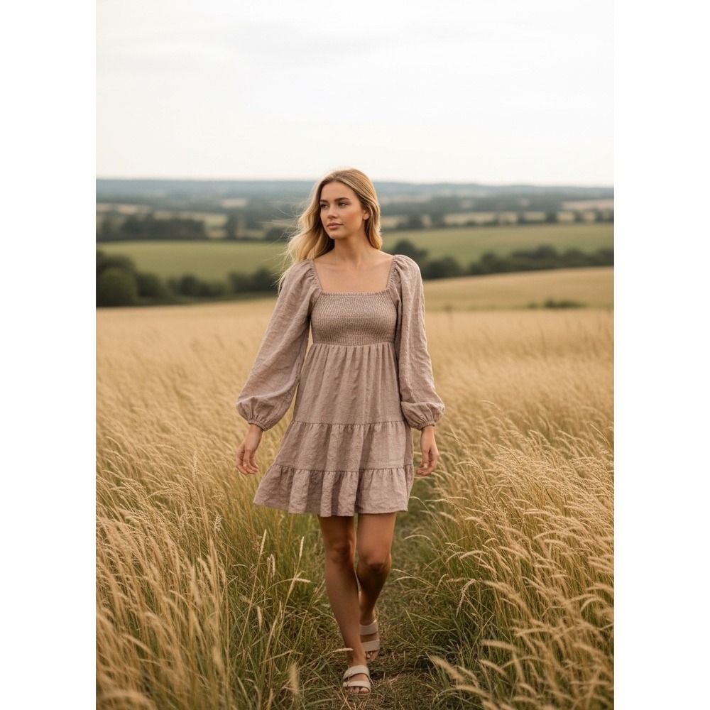 No Comment Smocked Tiered Milkmaid Mini Dress Womens L Puff Sleeve Boho Hippie